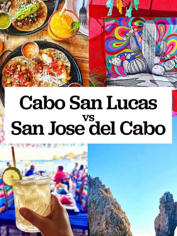 Tacos from Motherflower, The Arch at sunset, colorful artful, margarita at the Office bar, and Cabo San Lucas vs San Jose de Cabo text overlay