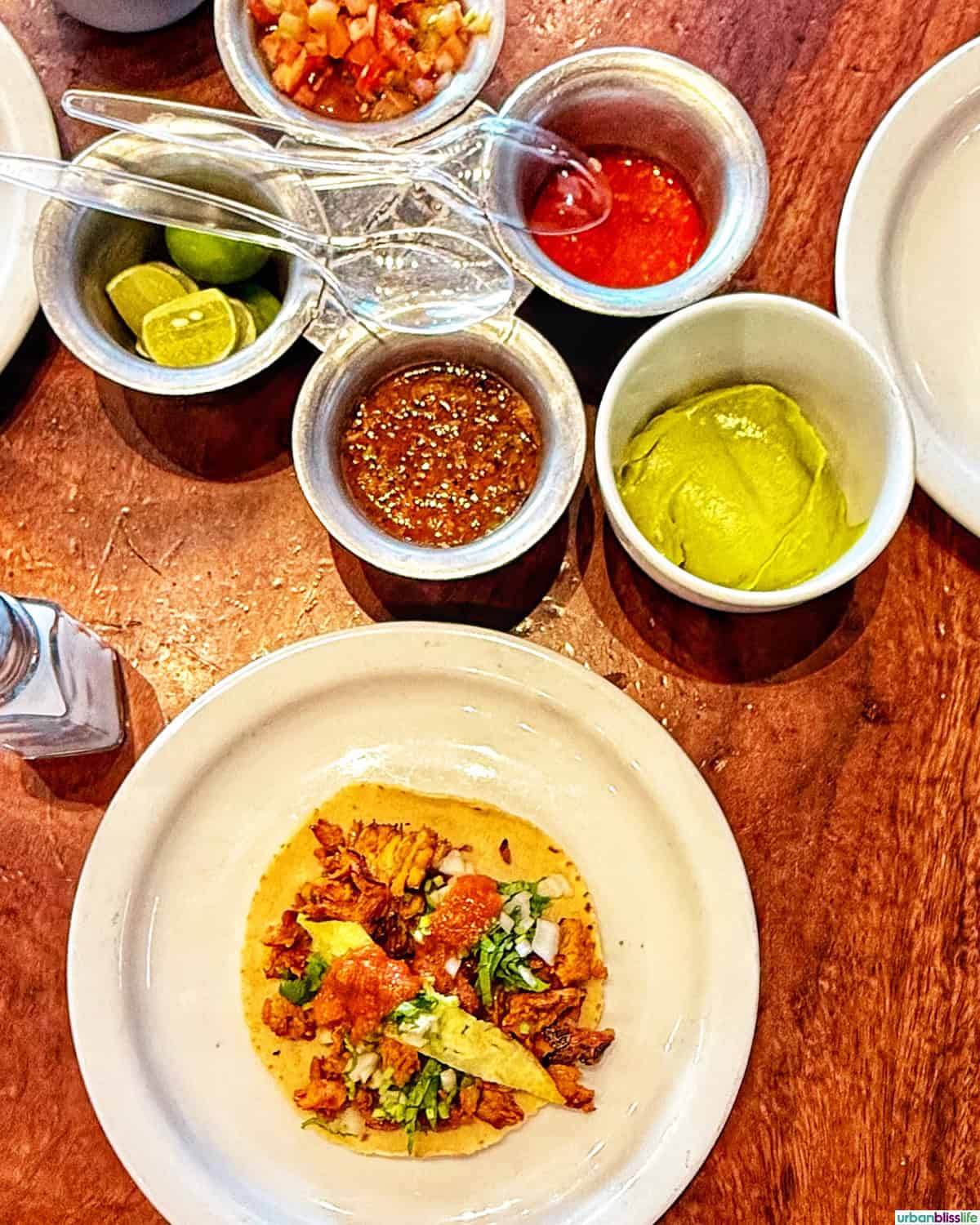 tacos and salsas from El Paisa in Cabo San Lucas, Mexico.