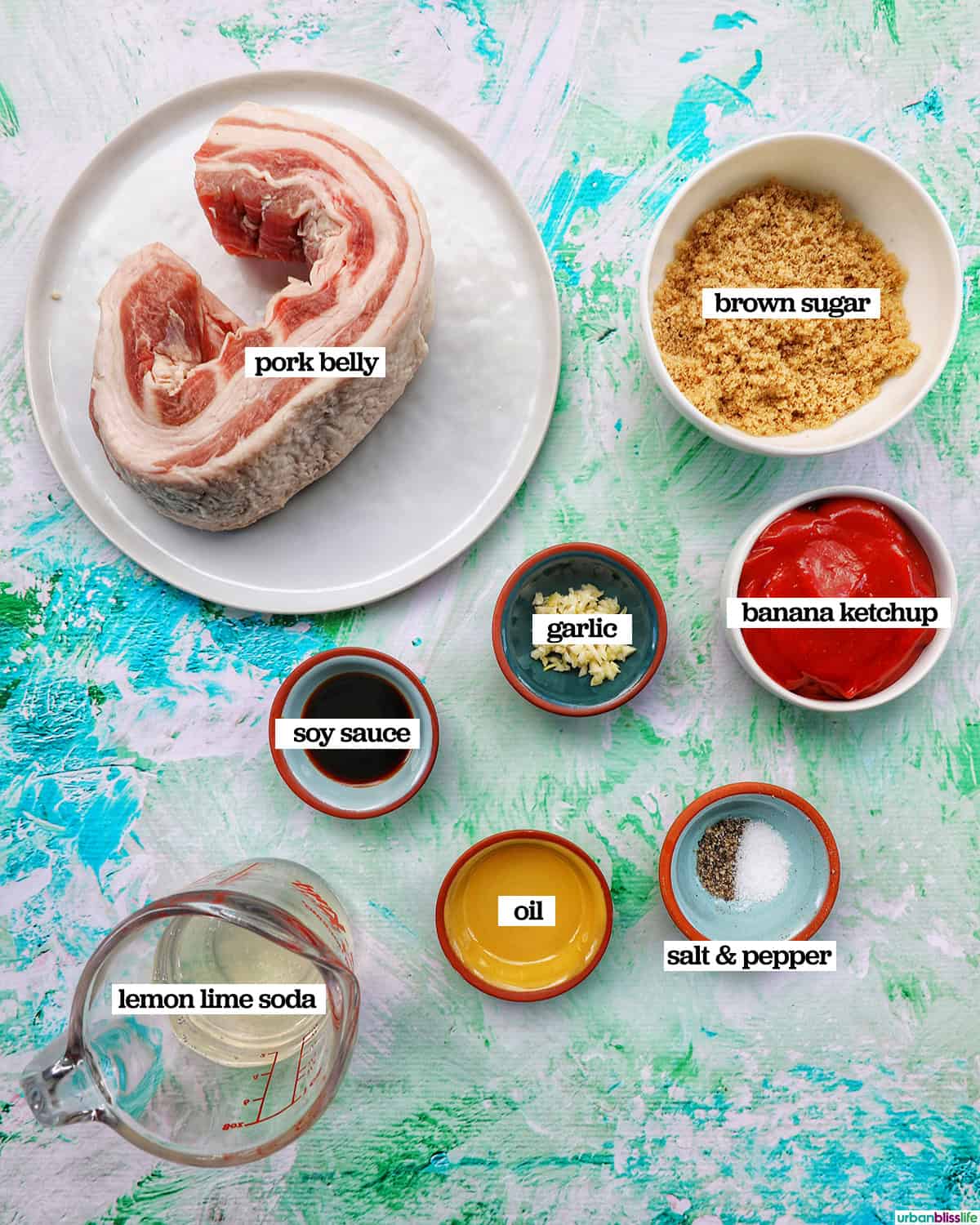 bowls of ingredients to make Filipino grilled pork belly.