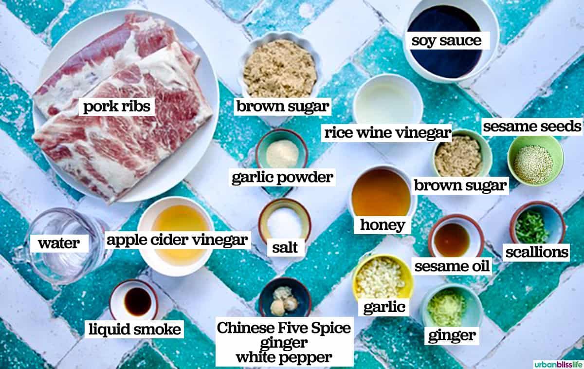 bowls of ingredients to make Instant Pot Asian Sticky Pork Ribs