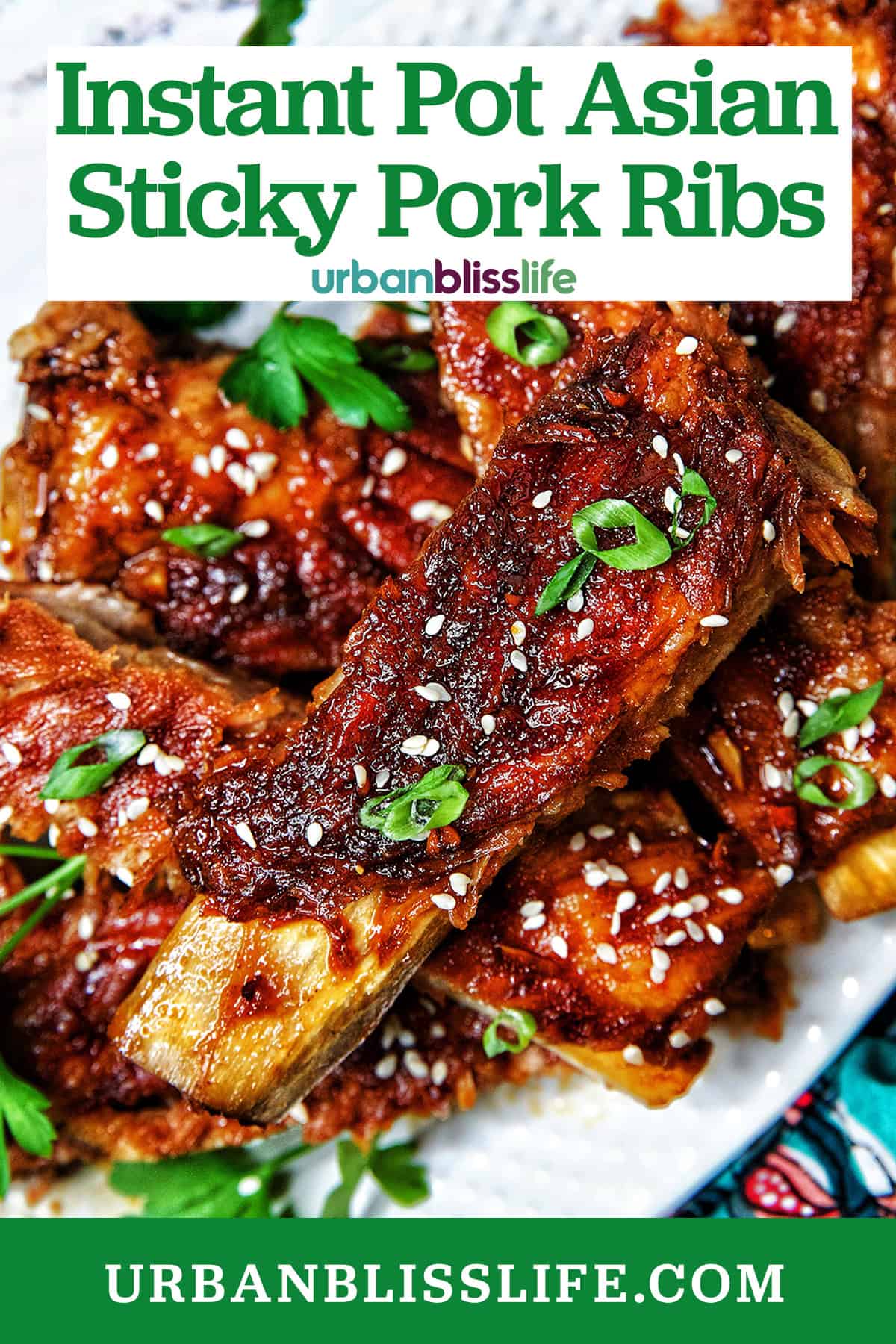 Instant Pot Asian Sticky Pork Ribs on a white plate with title text overlay.