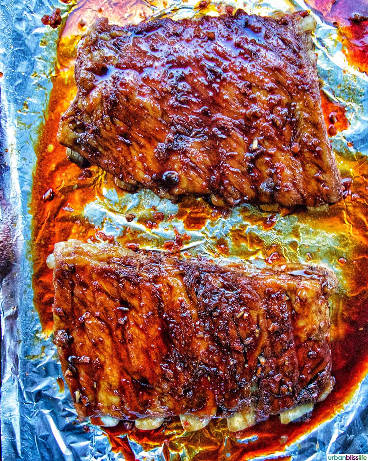 Instant Pot Asian Sticky Pork Ribs on aluminum foil.