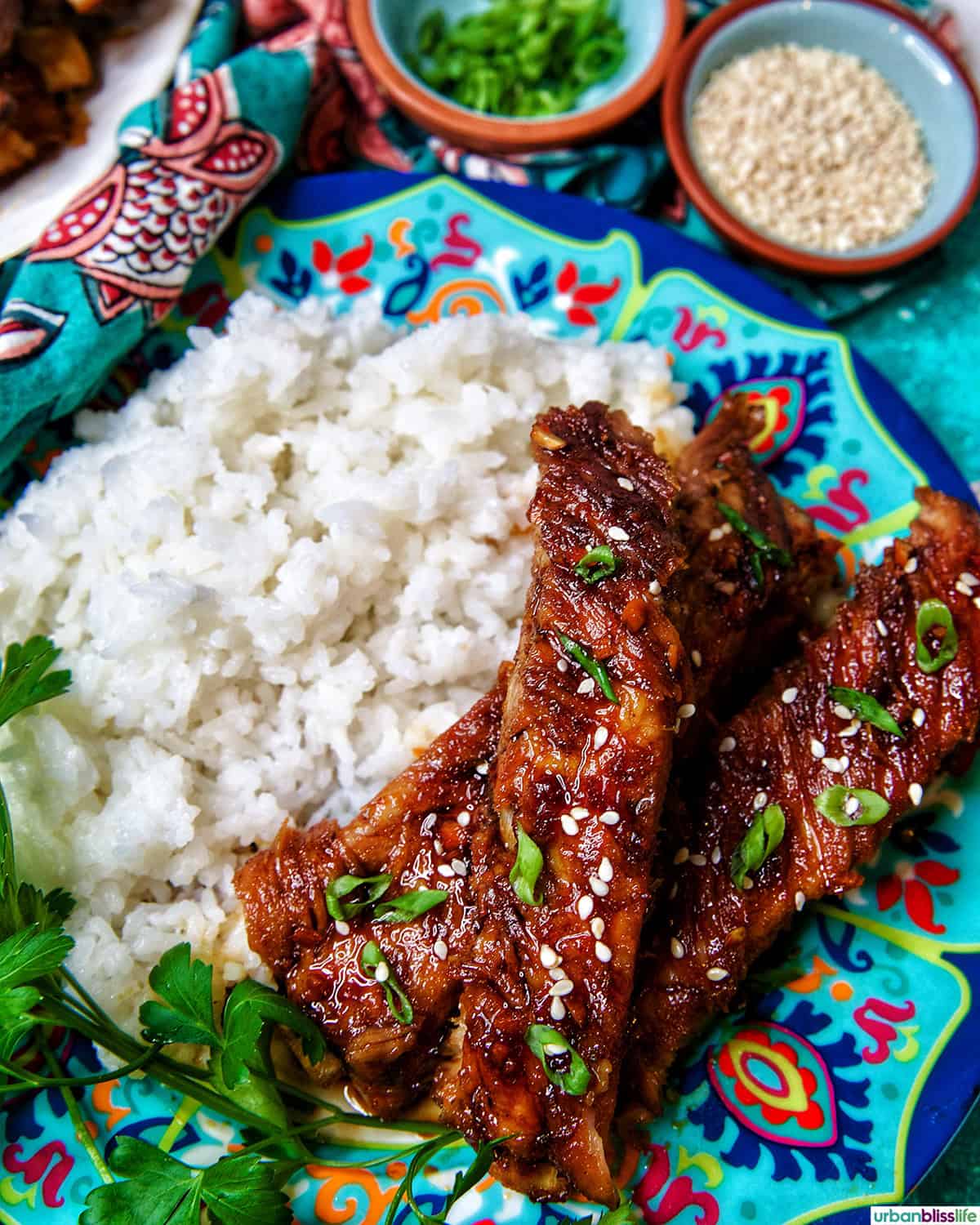 Instant Pot Asian Sticky Pork Ribs with rice.