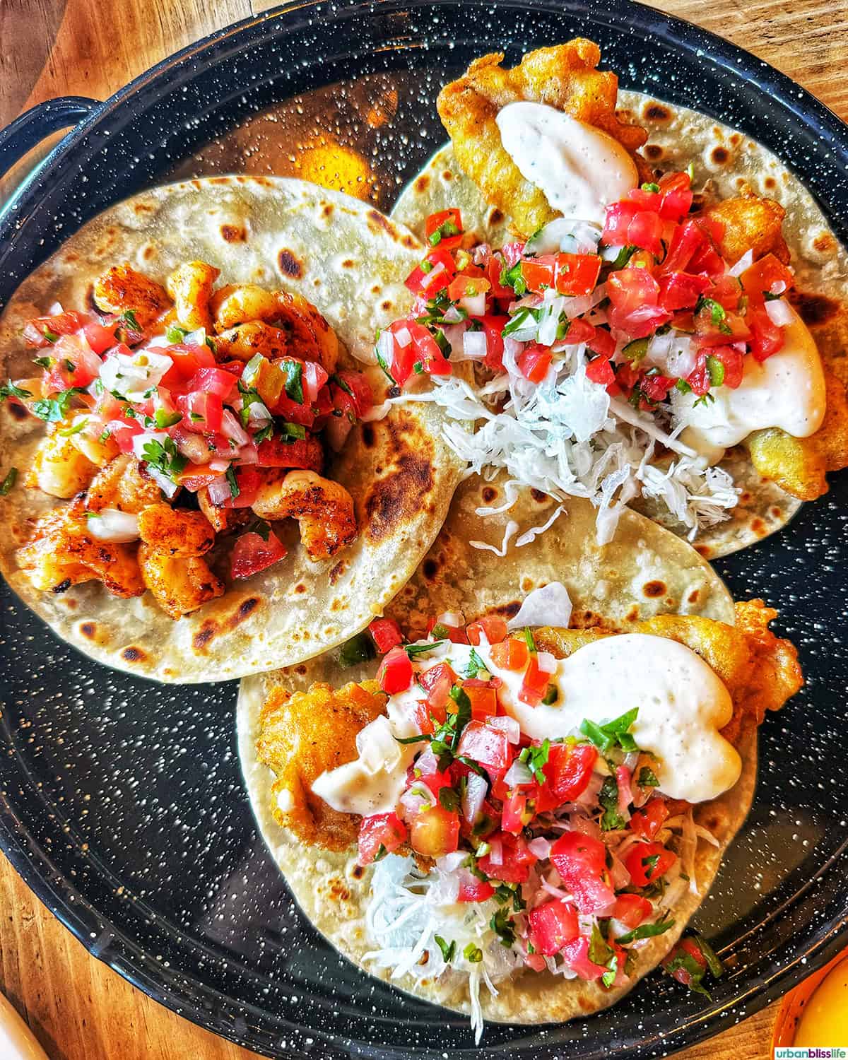 shrimp tacos and Baja-style fish tacos at Mother Flower in Cabo San Lucas, Mexico.
