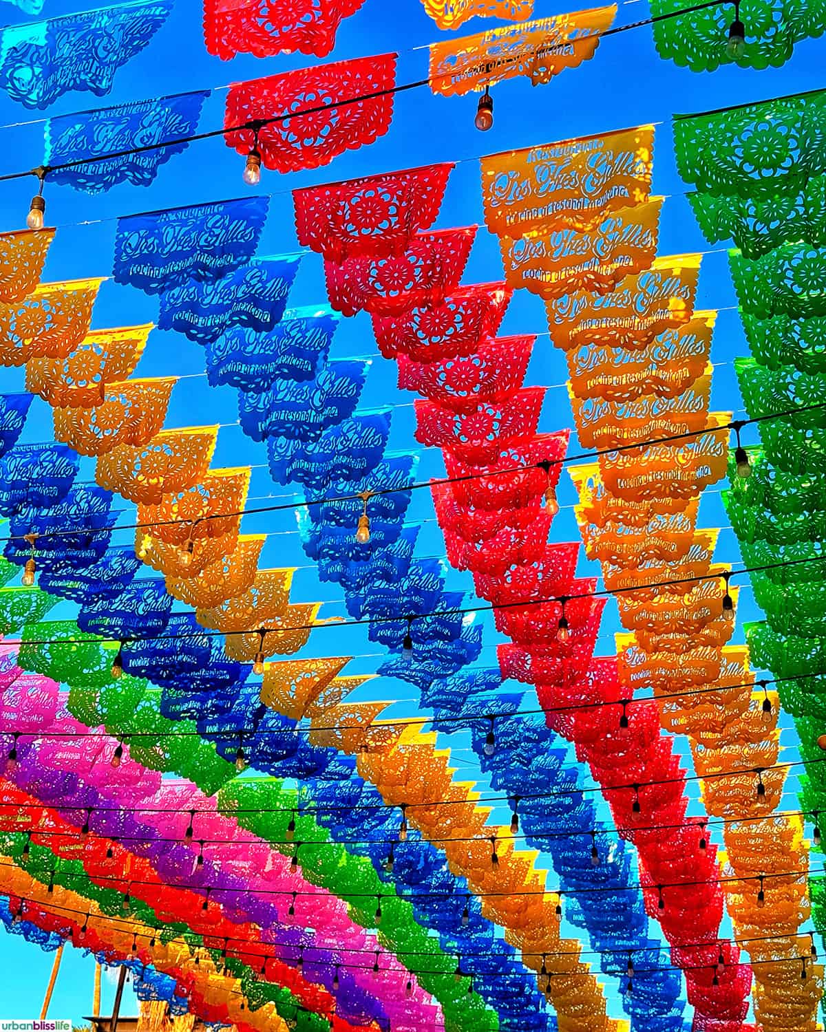 papel picado decorations hanging in Los Cabos, Mexico.