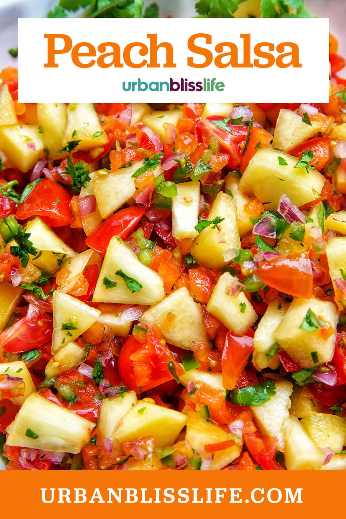 peach salsa with tomatoes, cilantro and title text overlay.
