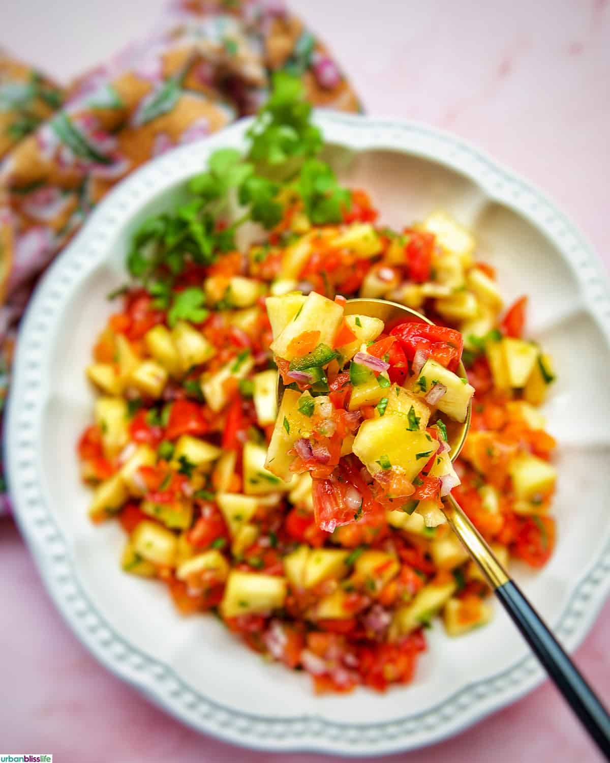 peach salsa with tomatoes, cilantro.