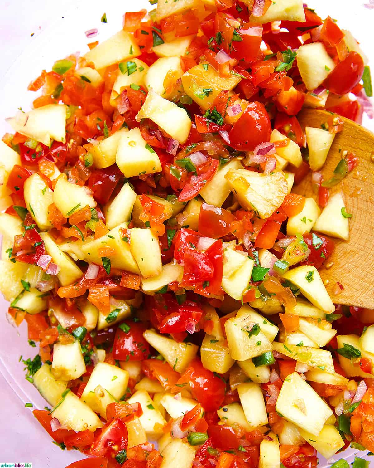 peach salsa with tomatoes, cilantro.