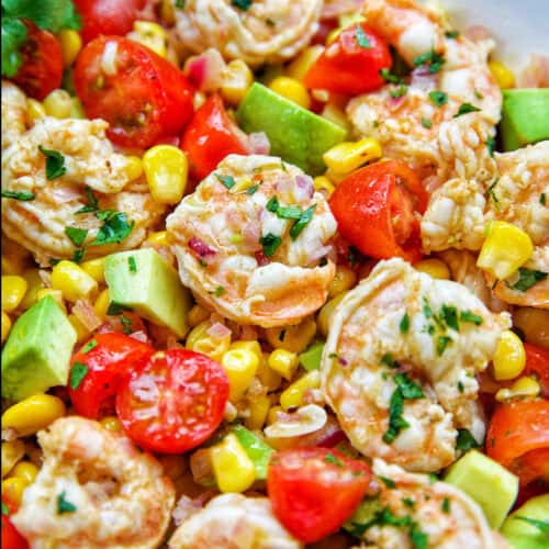 bowl of shrimp corn salad.