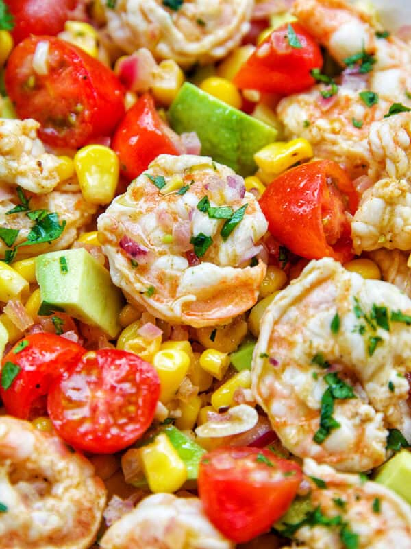 bowl of shrimp corn salad.