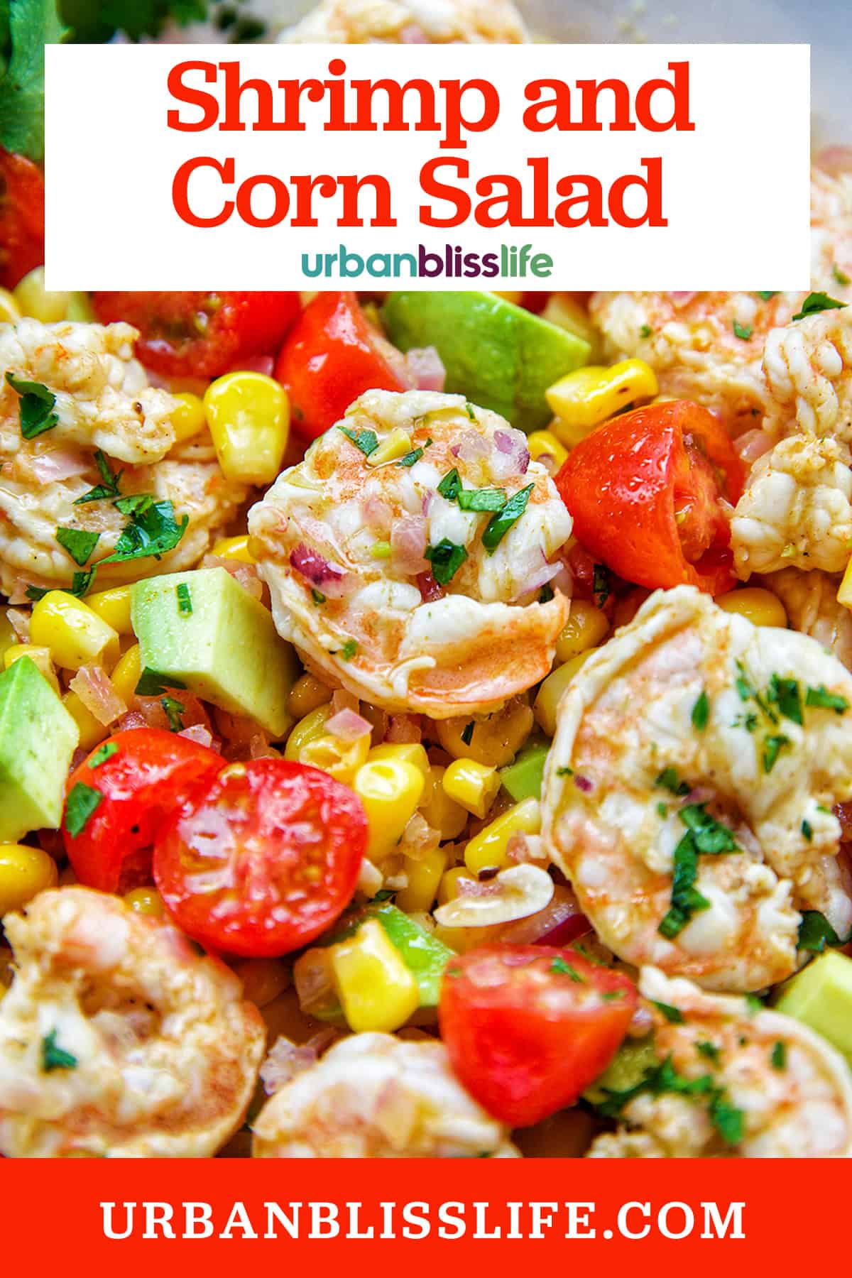 bowl of shrimp corn salad with title text overlay.