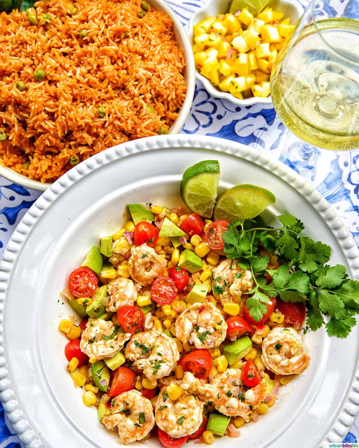 bowl of shrimp corn salad, side of Mexican rice, mango salsa, and glass of white wine.