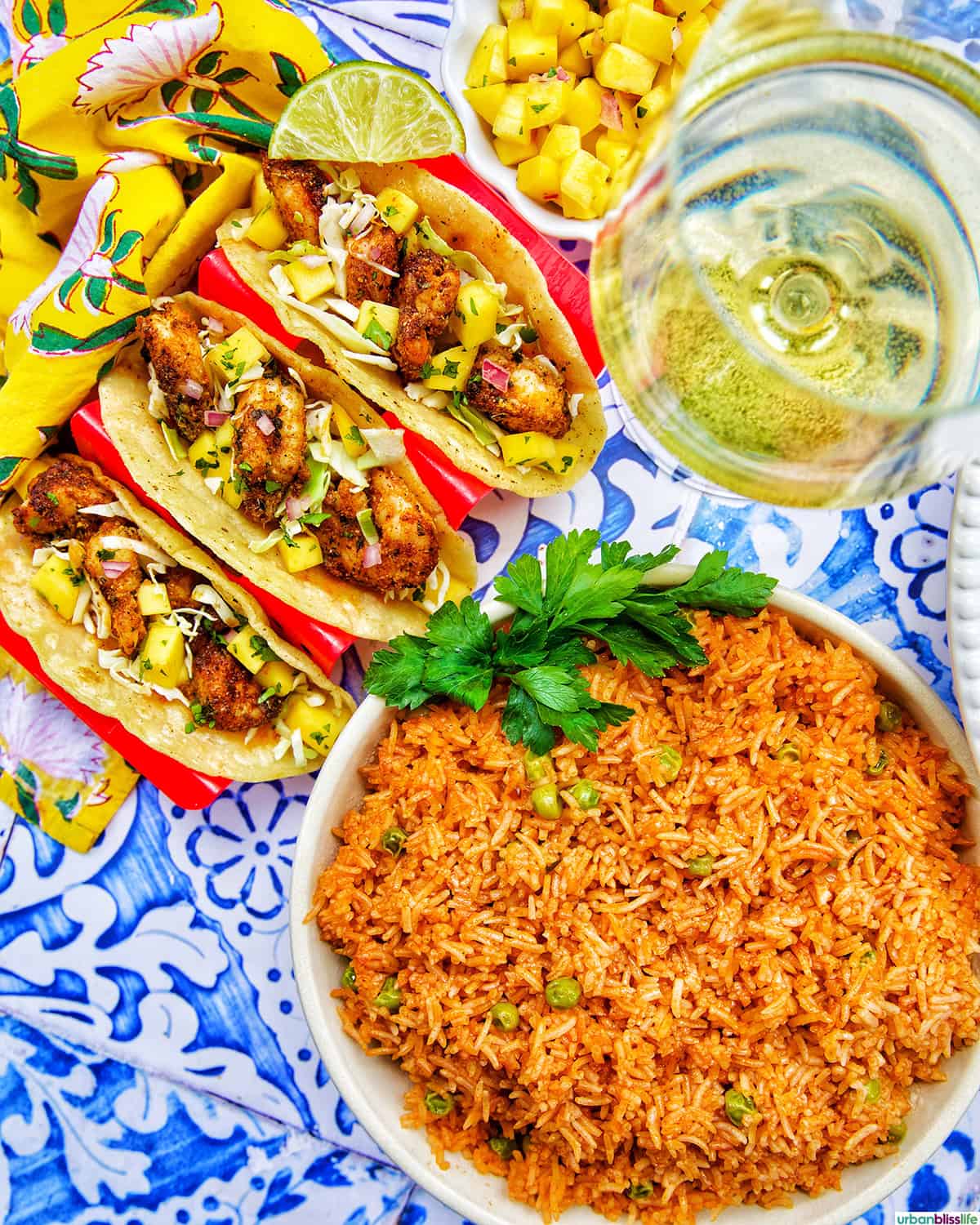 vegetarian Mexican rice, air fryer shrimp tacos, and white wine.