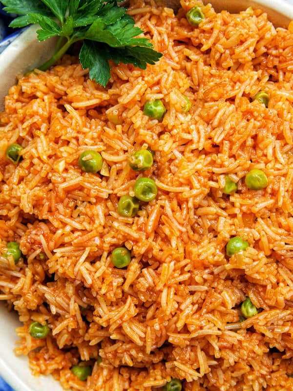 bowl of Vegetarian Mexican Rice with parsley garnish.
