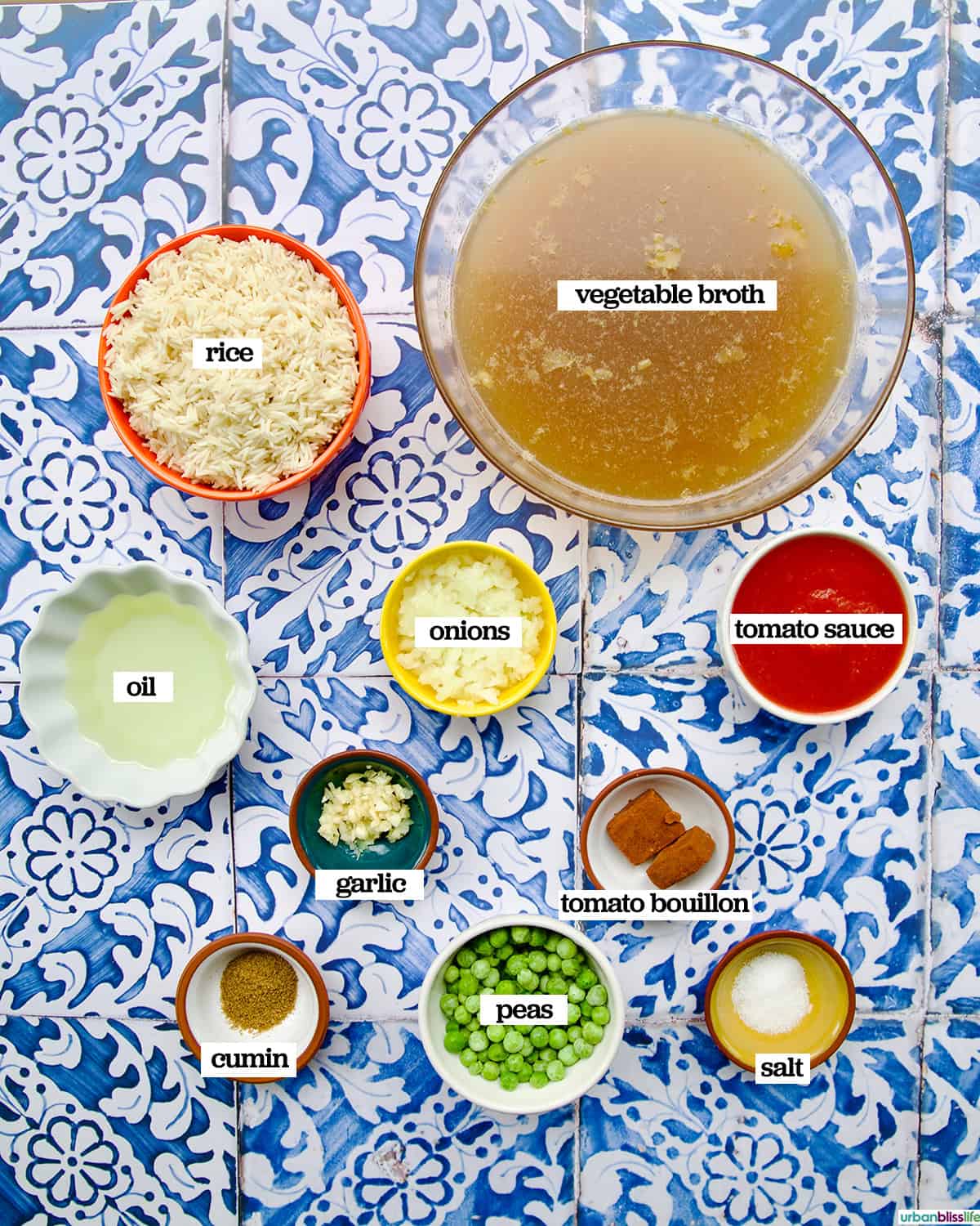 bowls of ingredients to make vegetarian Mexican rice.