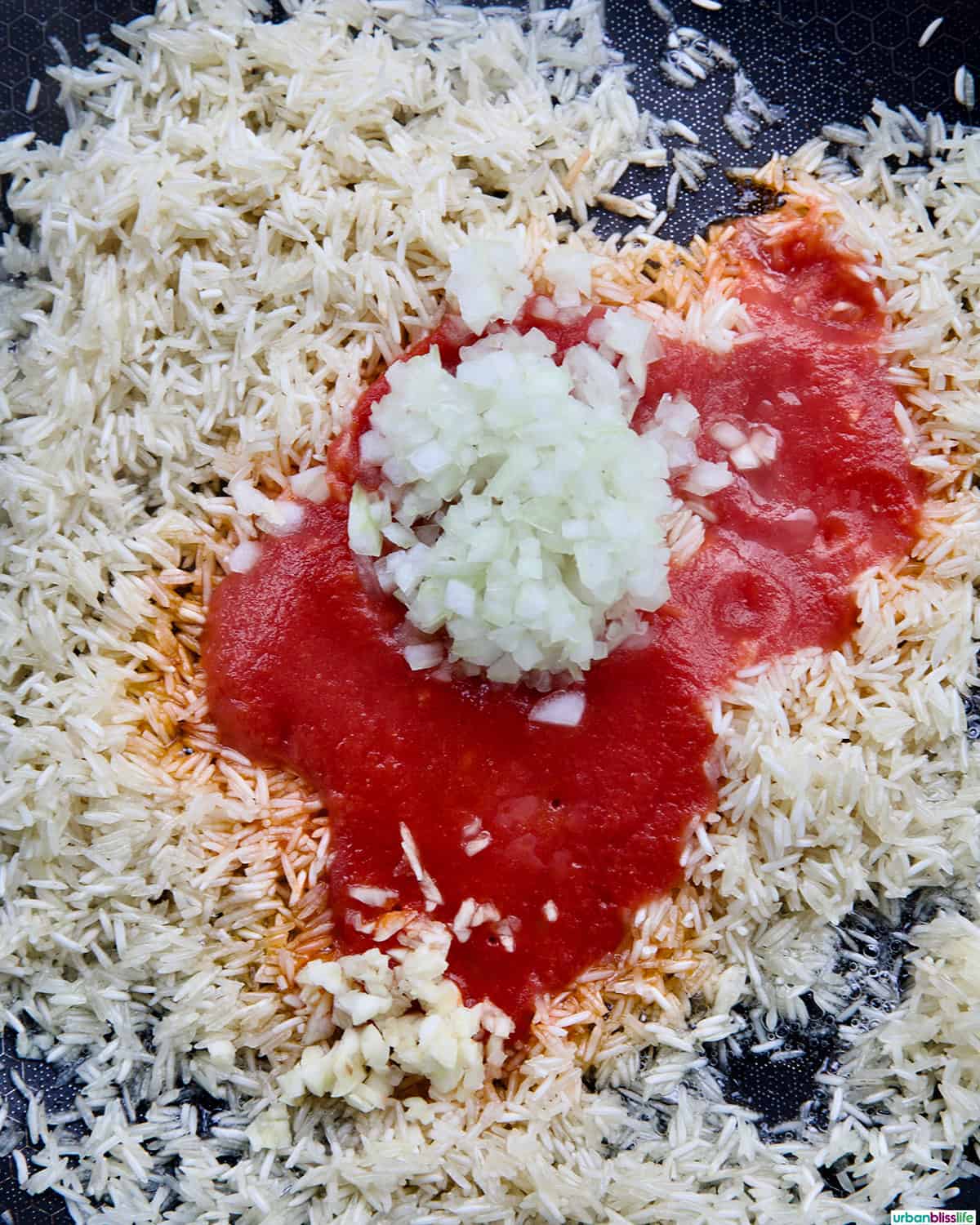 onions, garlic, tomato sauce and rice in a skillet.