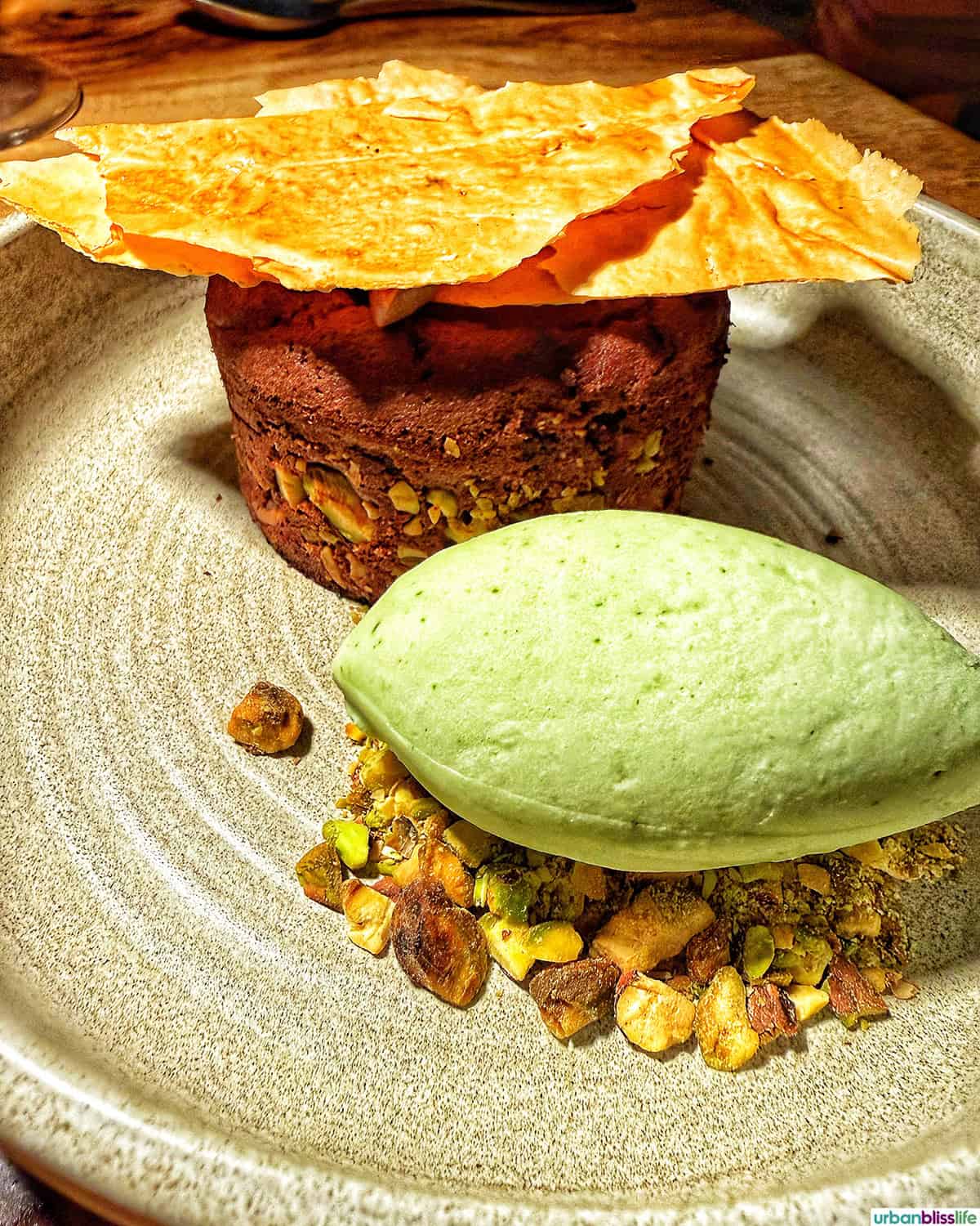 chocolate cake and pistachio ice cream dessert at Cocina del Mar restaurant in Cabo San Lucas, Mexico.