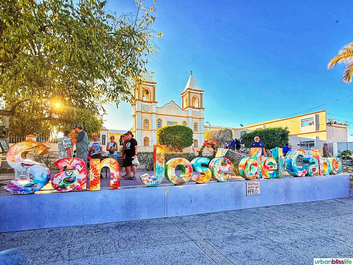 city sign and church in San Jose del Cabo, Mexico.