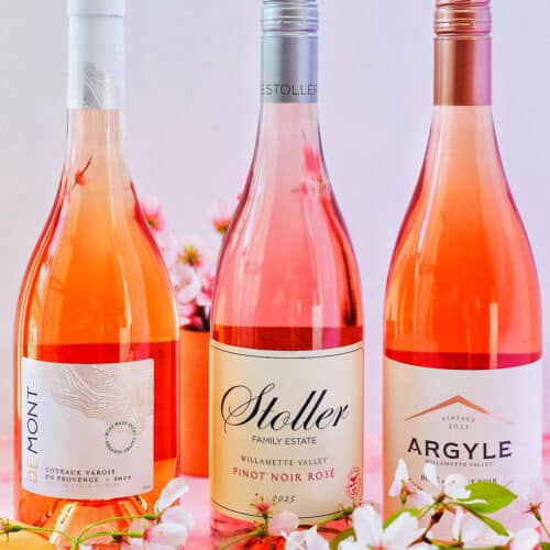 three bottles of rosé wines at Trader Joe's with cherry blossoms.