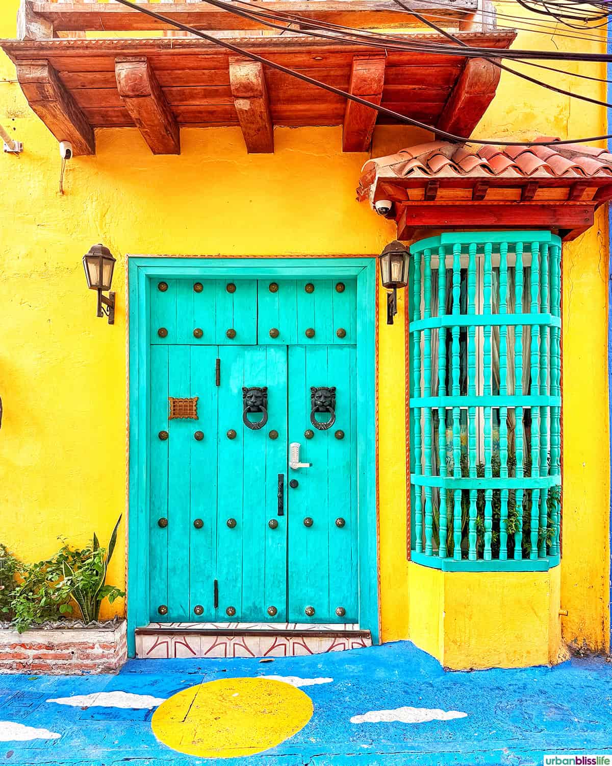 colorful door and street in Cartagena Colombia.