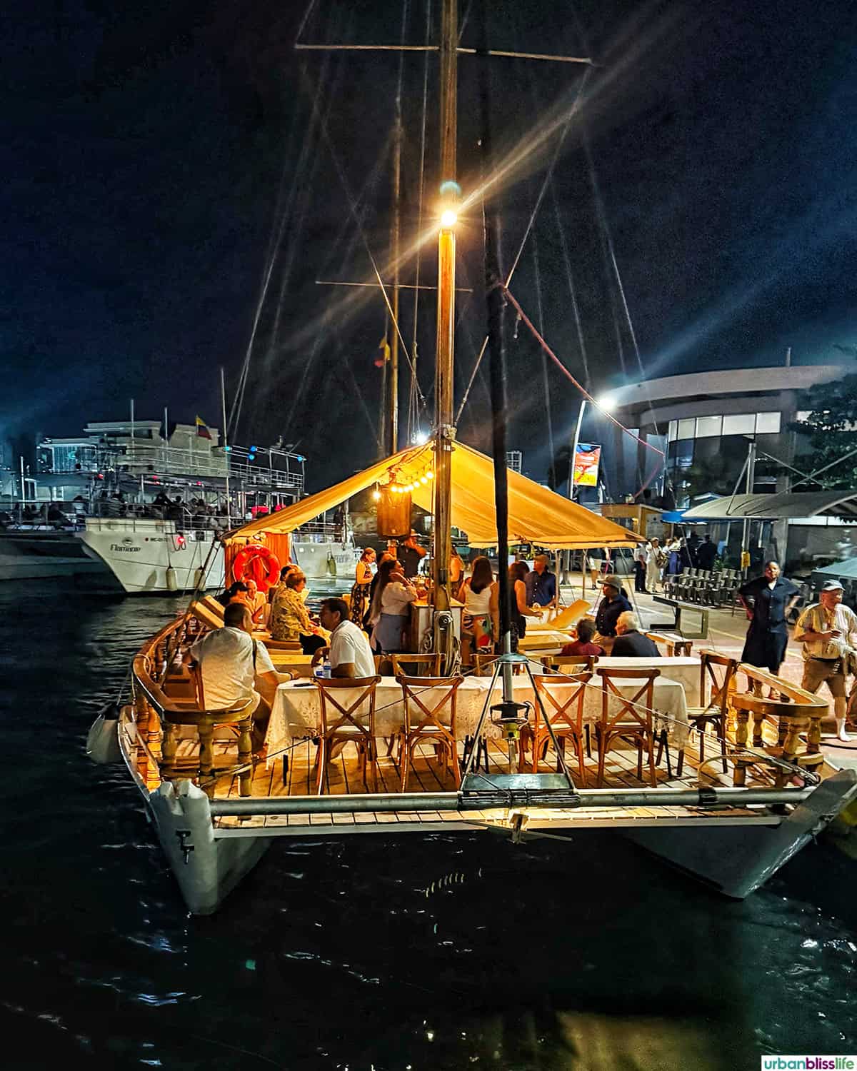 boat in Cartagena, Colombia at night.
