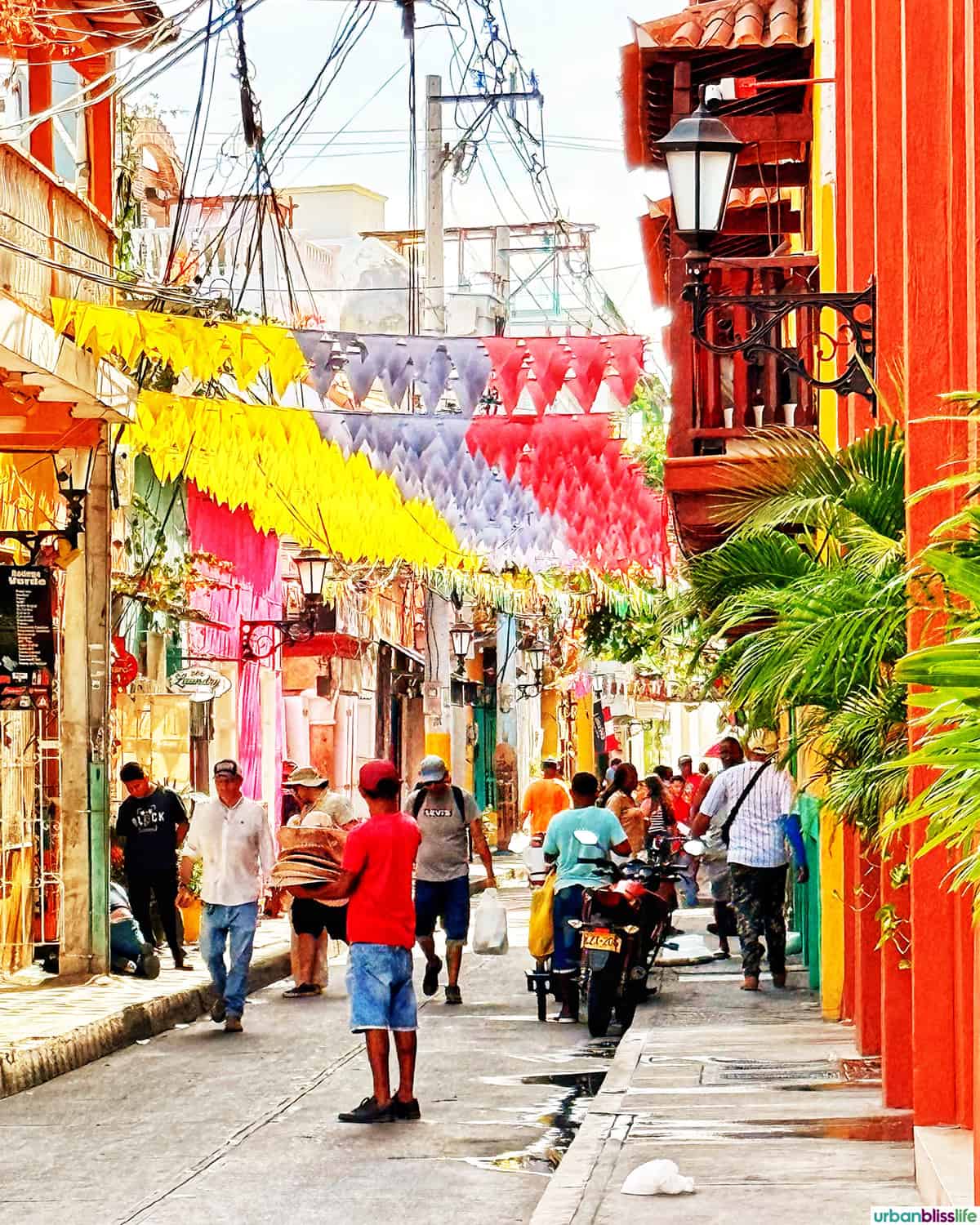 colorful street in Cartagena, Colombia's Getsemani neighborhood.