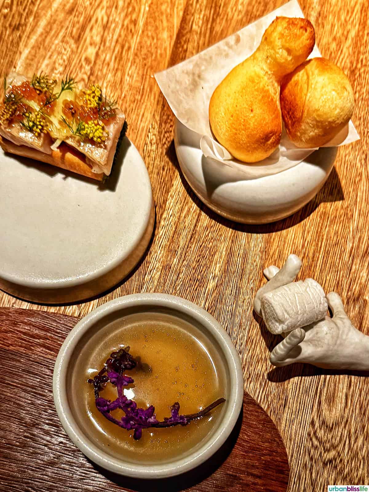 trio of dishes for first course at El Chato restaurant in Bogota, Colombia.