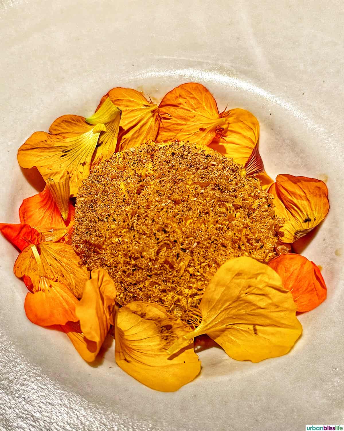 flower petals and ingredients at El Chato restaurant in Bogota, Colombia.