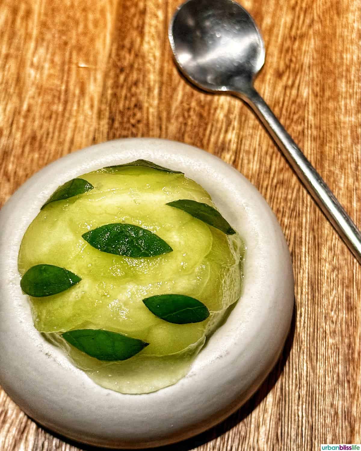 green sorbet with spoon at El Chato restaurant in Bogota, Colombia.