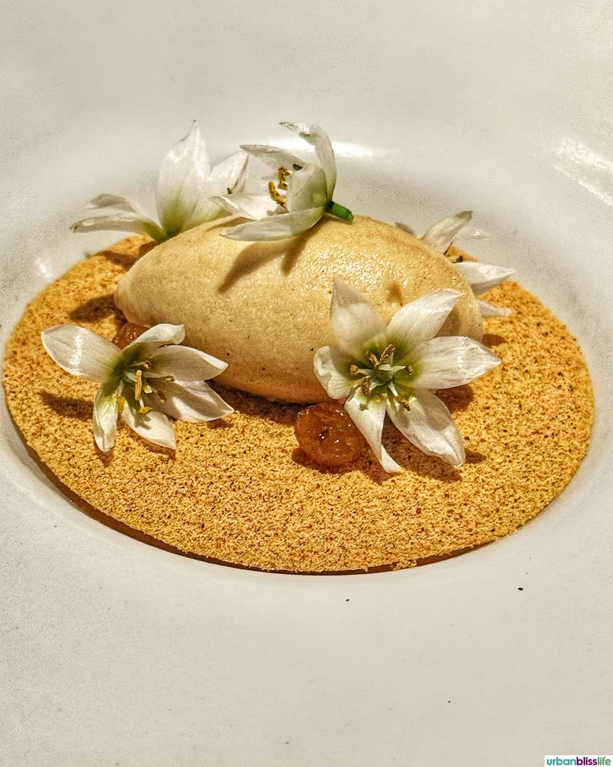 floral quenelle dessert at El Chato restaurant in Bogota, Colombia.