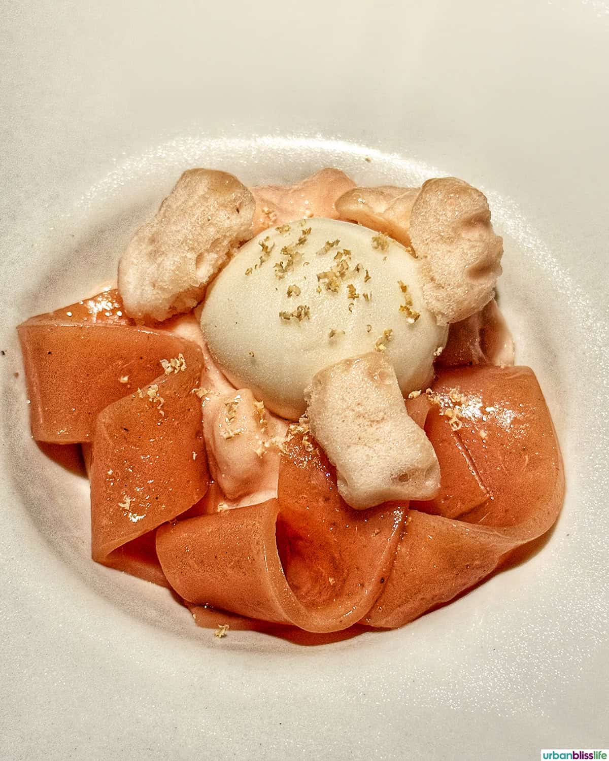 ice cream with mango ribbons at El Chato restaurant in Bogota, Colombia.