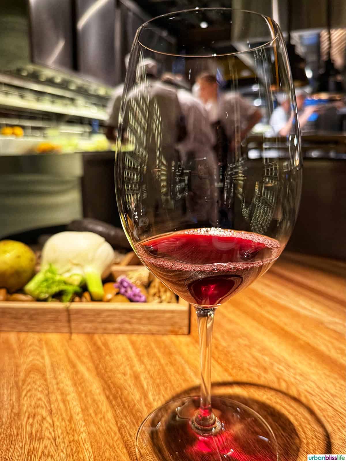 glass of red wine at El Chato restaurant in Bogota, Colombia.