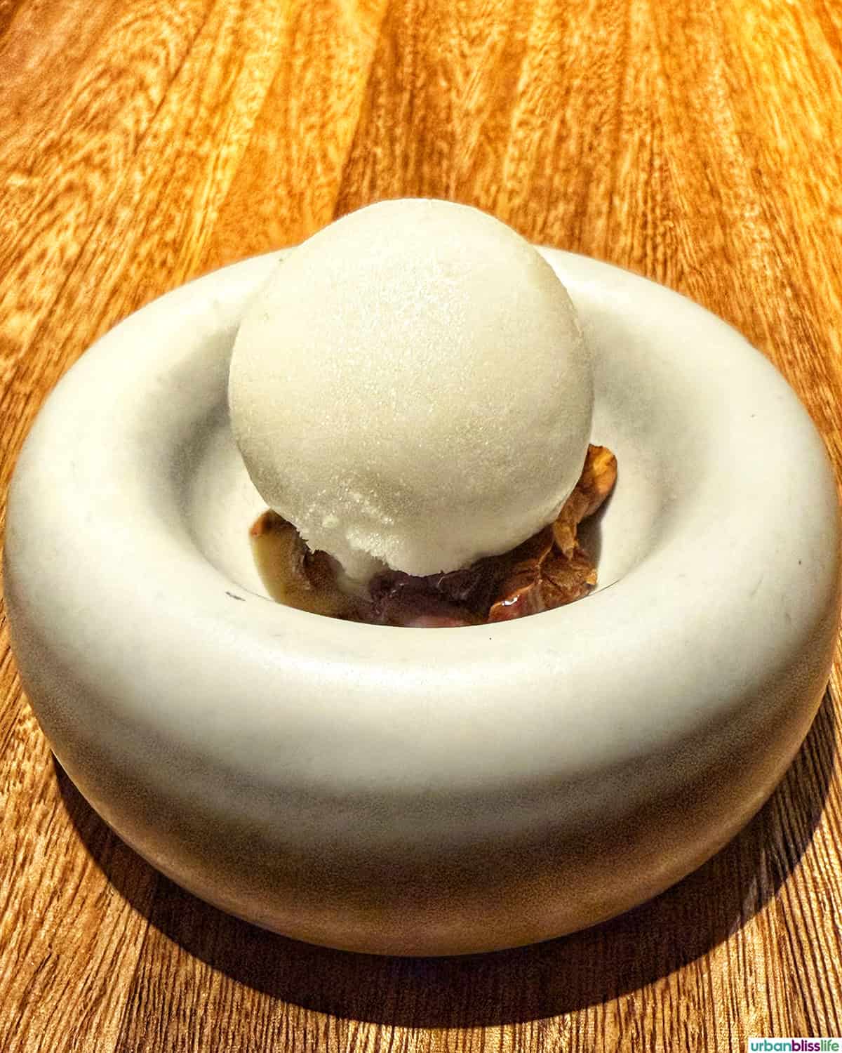 white ice cream dish at El Chato restaurant in Bogota, Colombia.