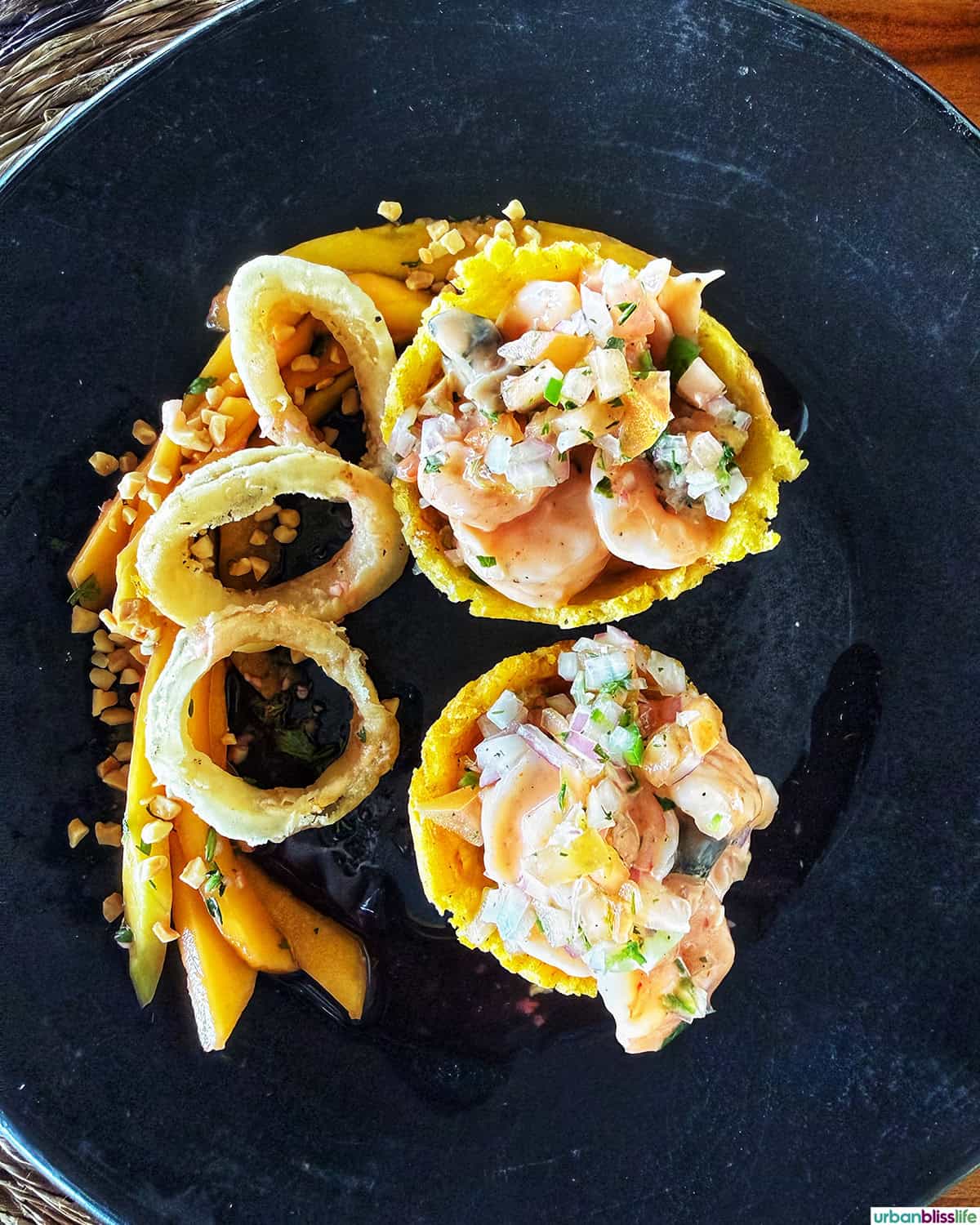shrimp ceviche in patacones in Cartagena, Colombia.