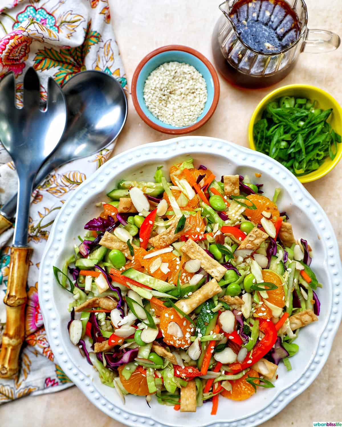 bowl of Asian crunch salad with sides og garnishes.