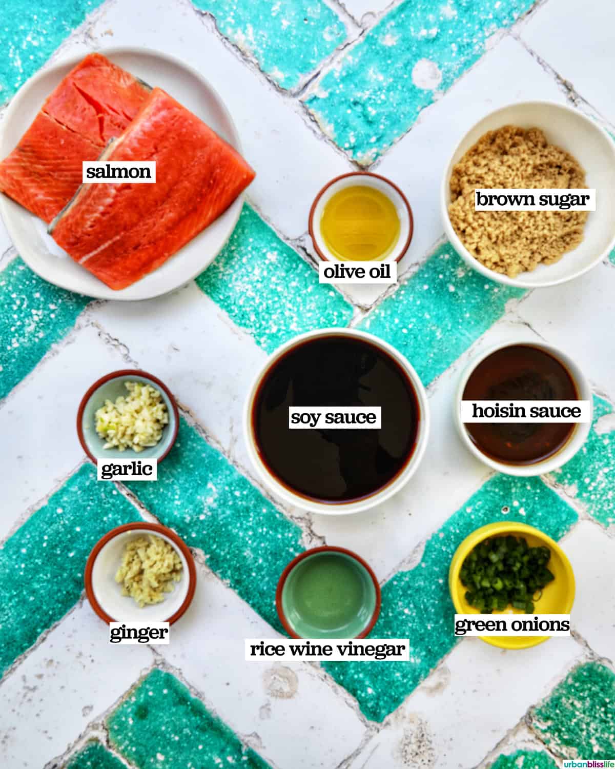 bowls of ingredients to make BBQ Teriyaki Salmon.