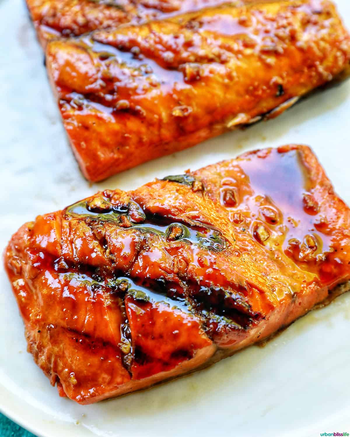 BBQ teriyaki salmon on a white plate.