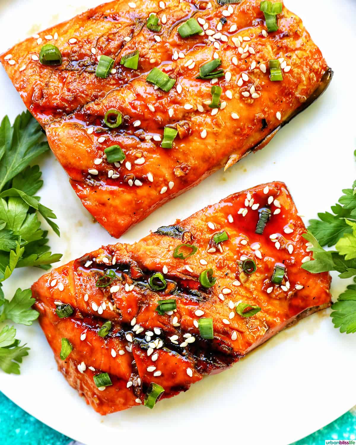 two fillets of BBQ Teriyaki Salmon with green onions and sesame seeds on a white plate.