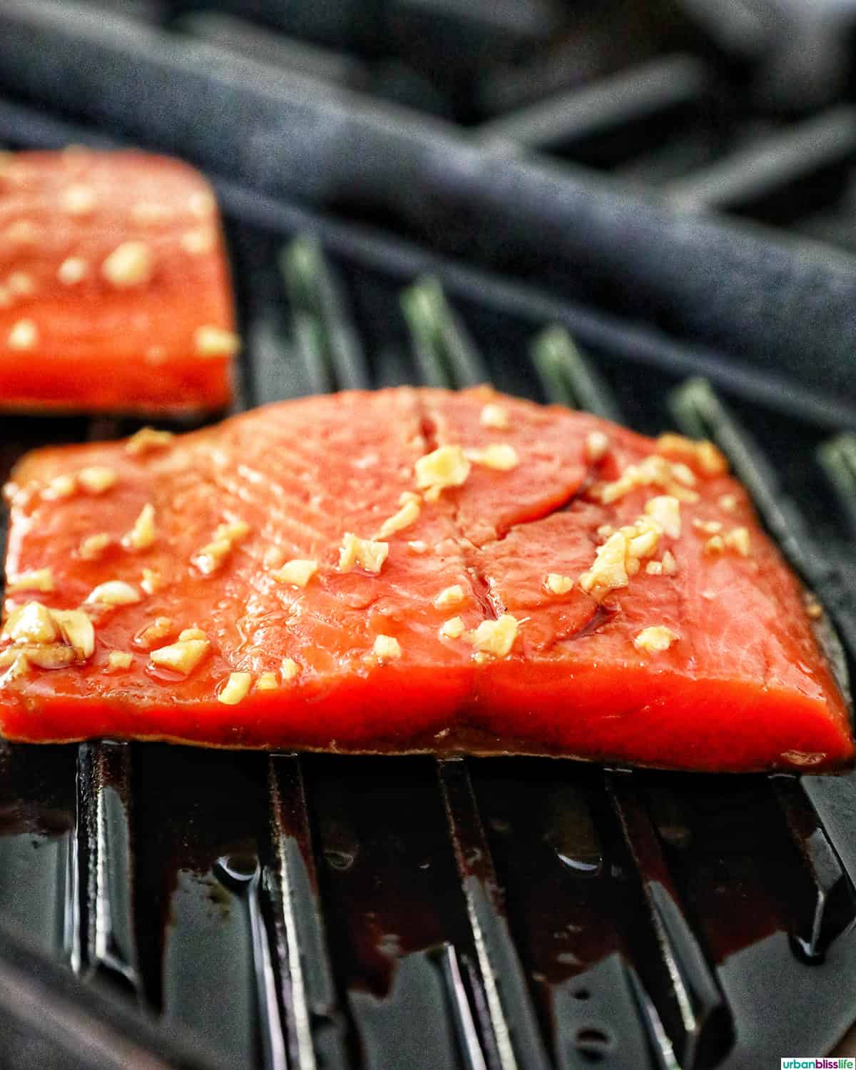BBQ Teriyaki Salmon on a grill.