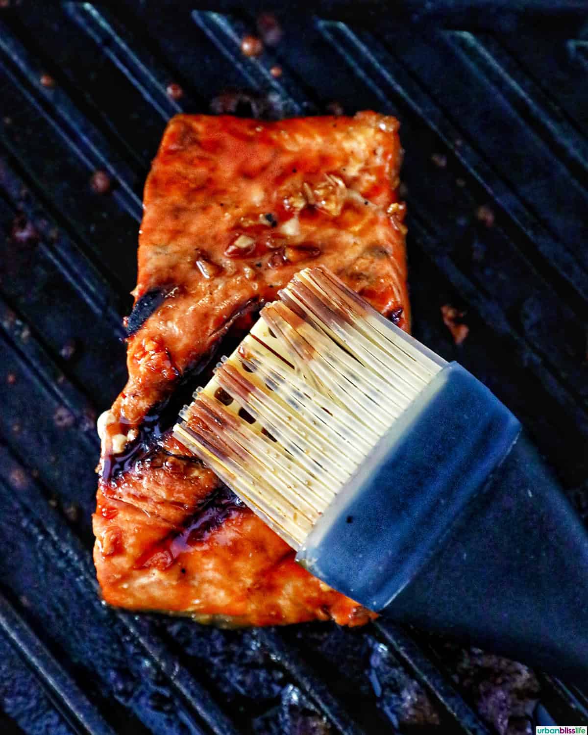 basting BBQ Teriyaki Salmon with marinade.