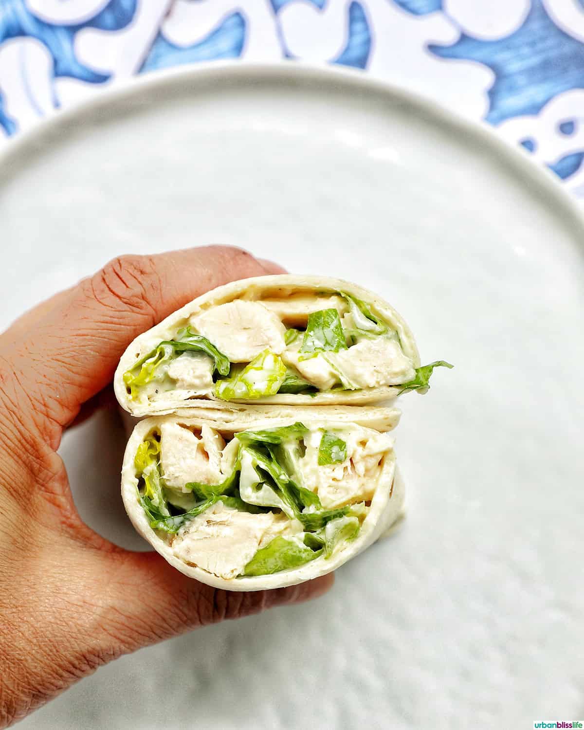 medium shot of a hand holding a Chicken Caesar Salad Wrap sliced in half.