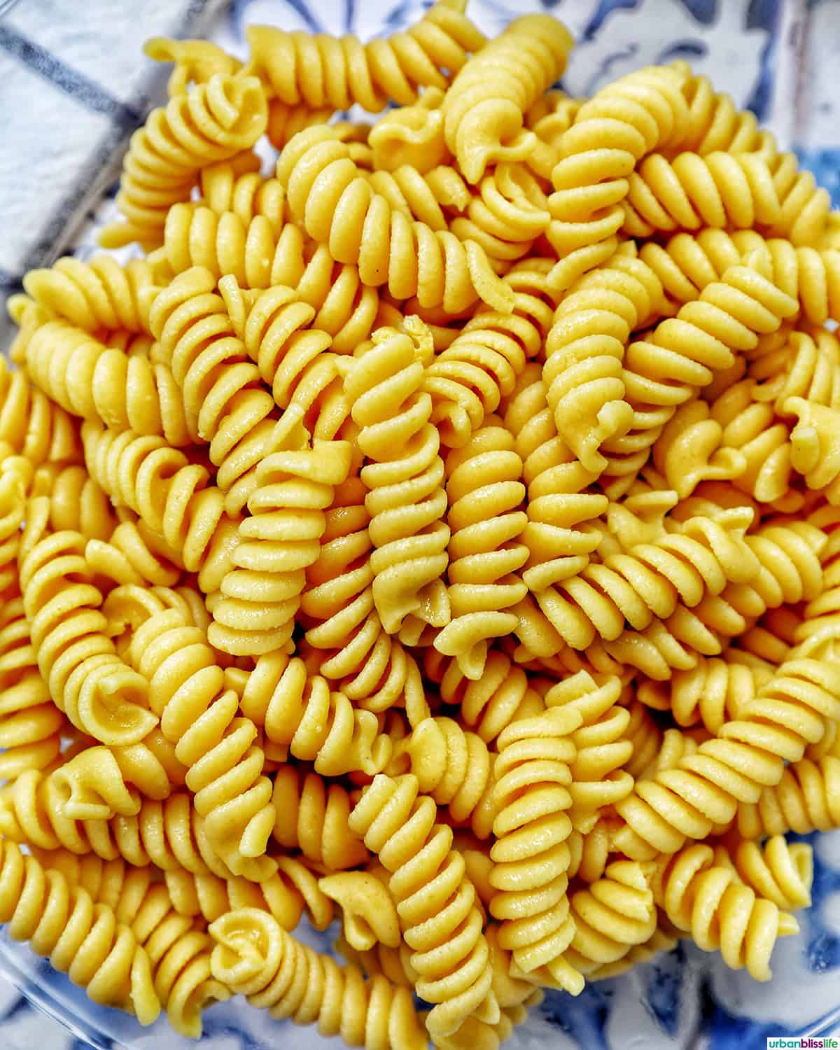 cooked fusilli pasta in a bowl.