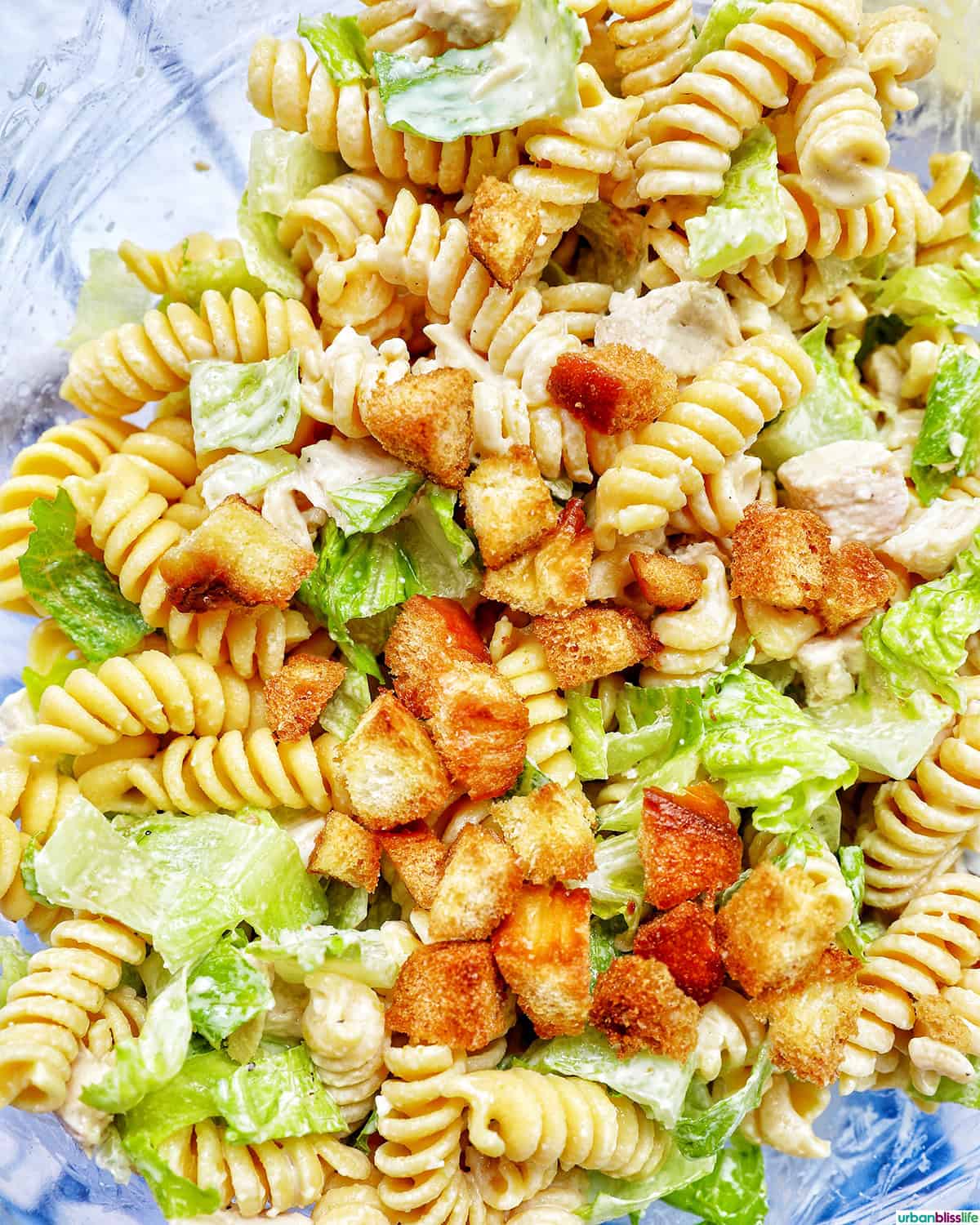 bowl of Caesar pasta salad.