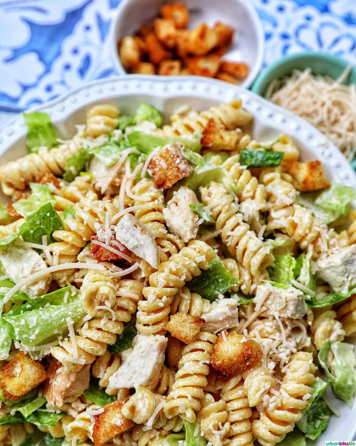 bowl of Caesar pasta salad.