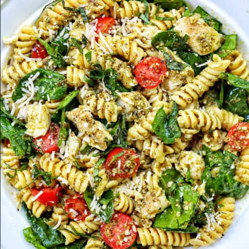 bowl of chicken pesto pasta salad.