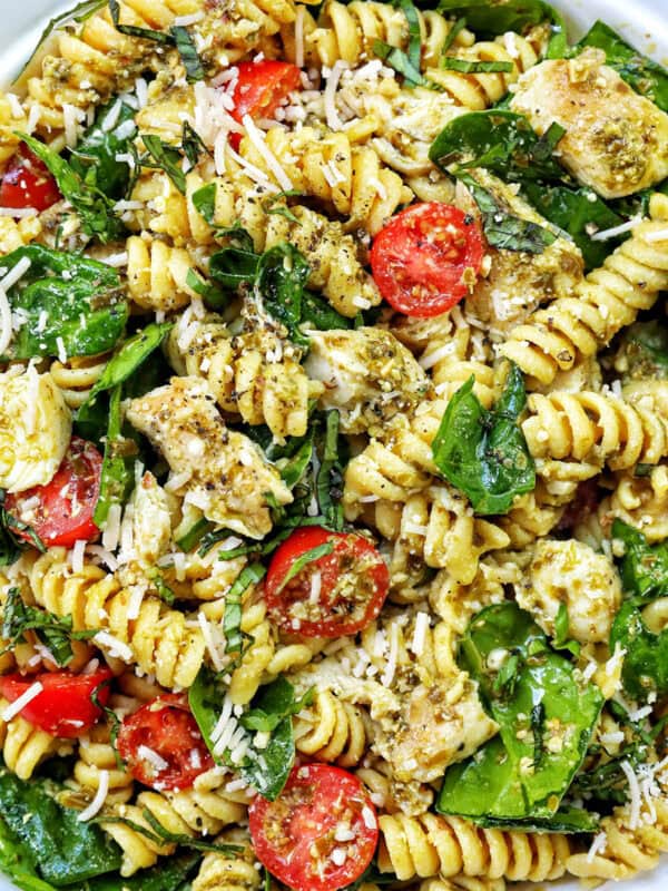 bowl of chicken pesto pasta salad.
