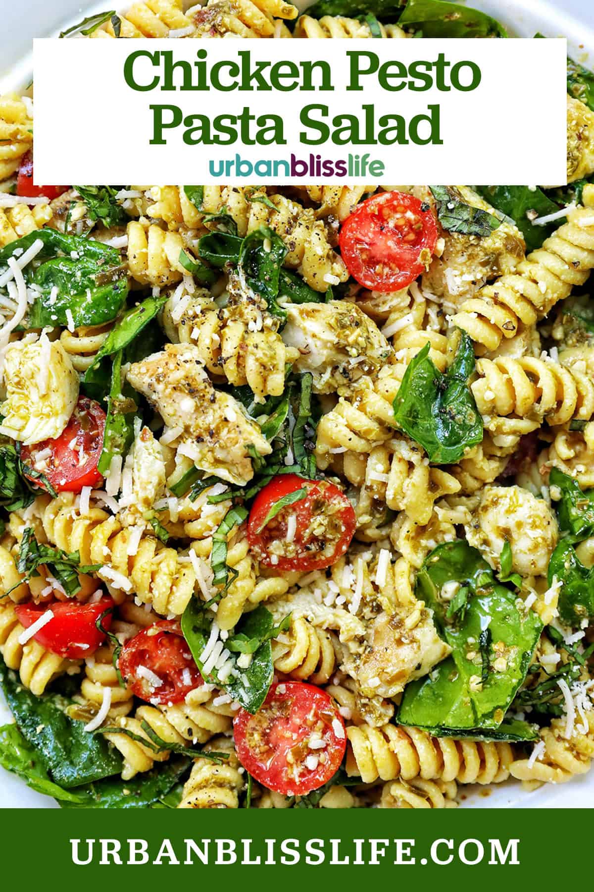 bowl of chicken pesto pasta salad with title text overlay.