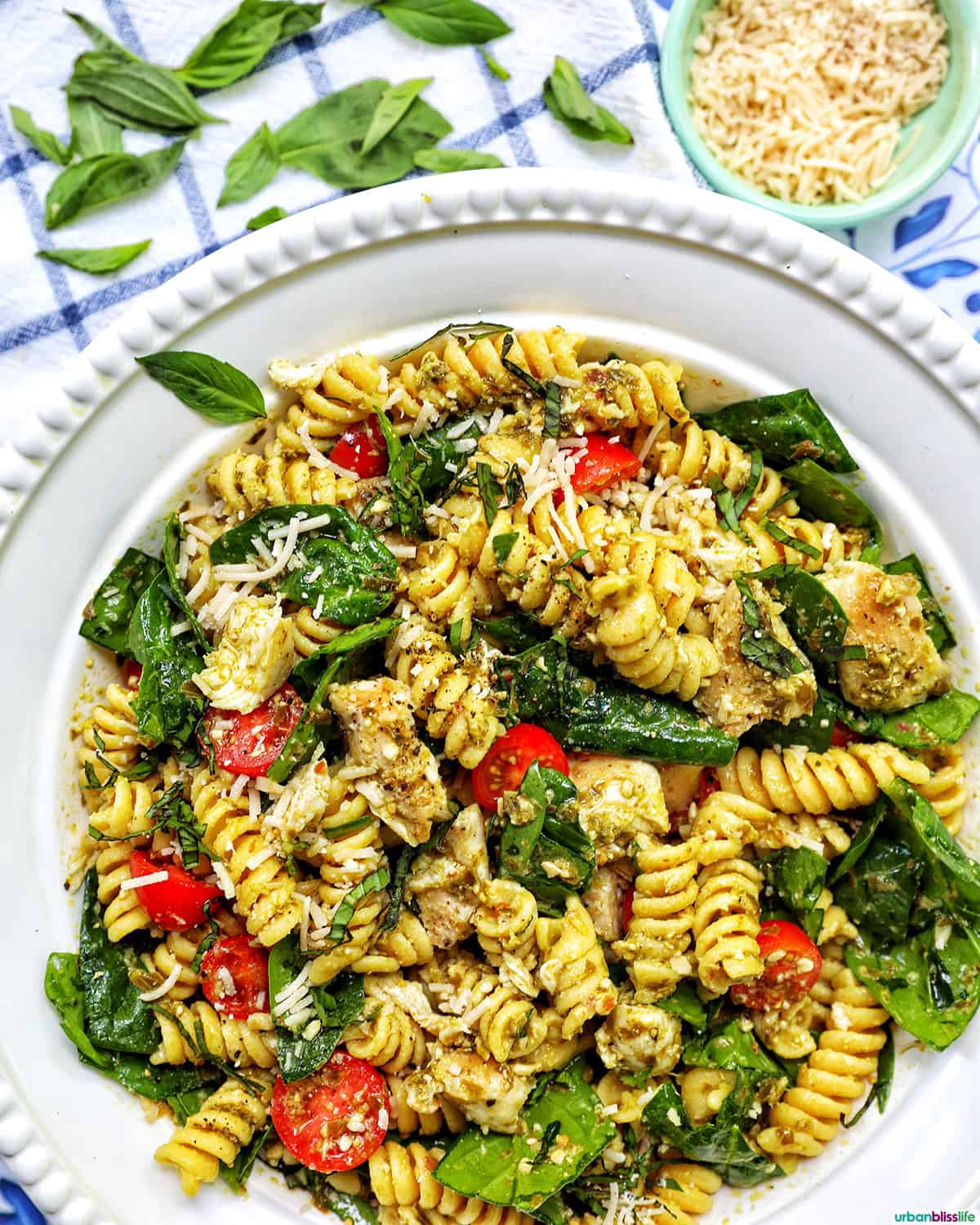 bowl of chicken pesto pasta salad.