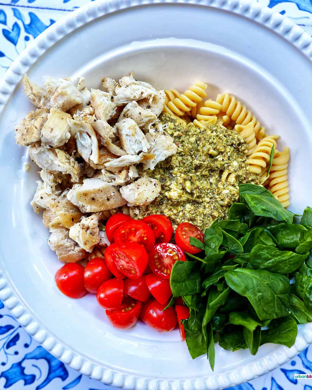 bowl of ingredients to make chicken pesto pasta salad.