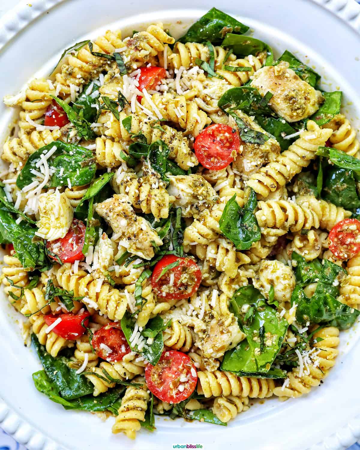 bowl of chicken pesto pasta salad.